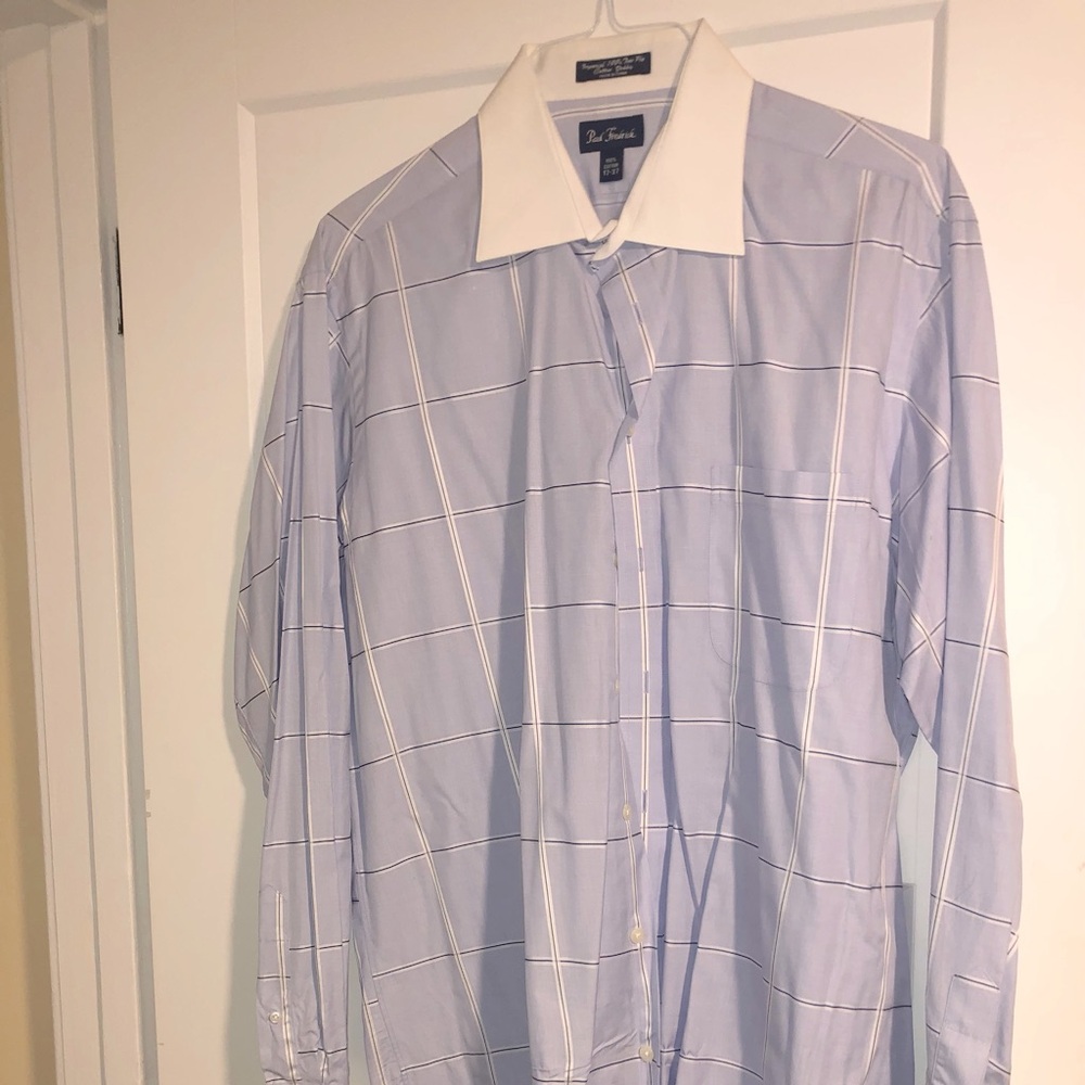 Paul Fredrick, Blue Check Imperial 100% 2 Ply Cotton Dobby, Sz 17-37, Frt Pocket